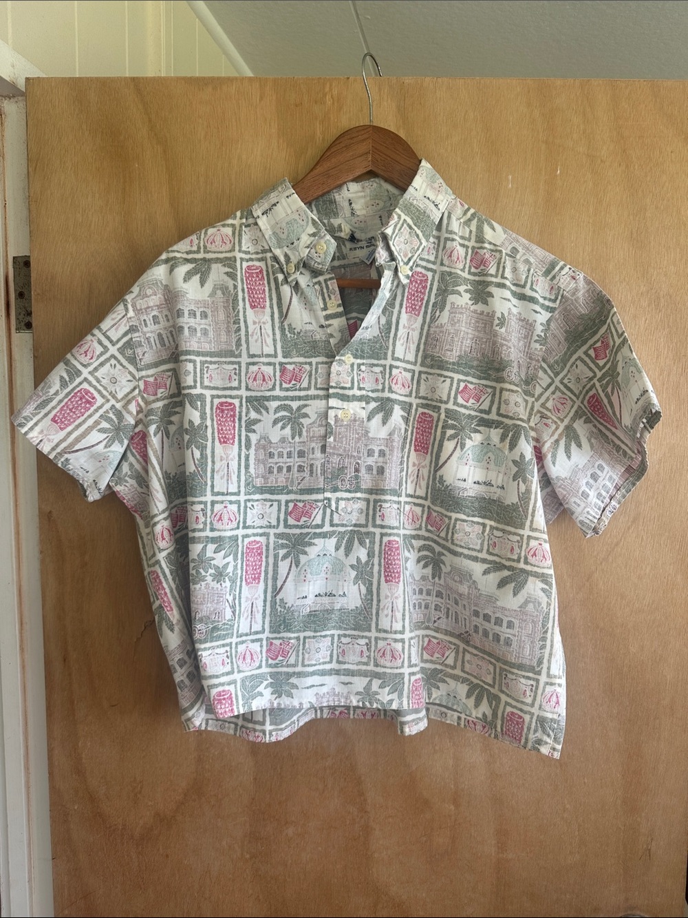 Vintage reyn spooner White Short-Sleeve Button-Down with Pink & Green Print